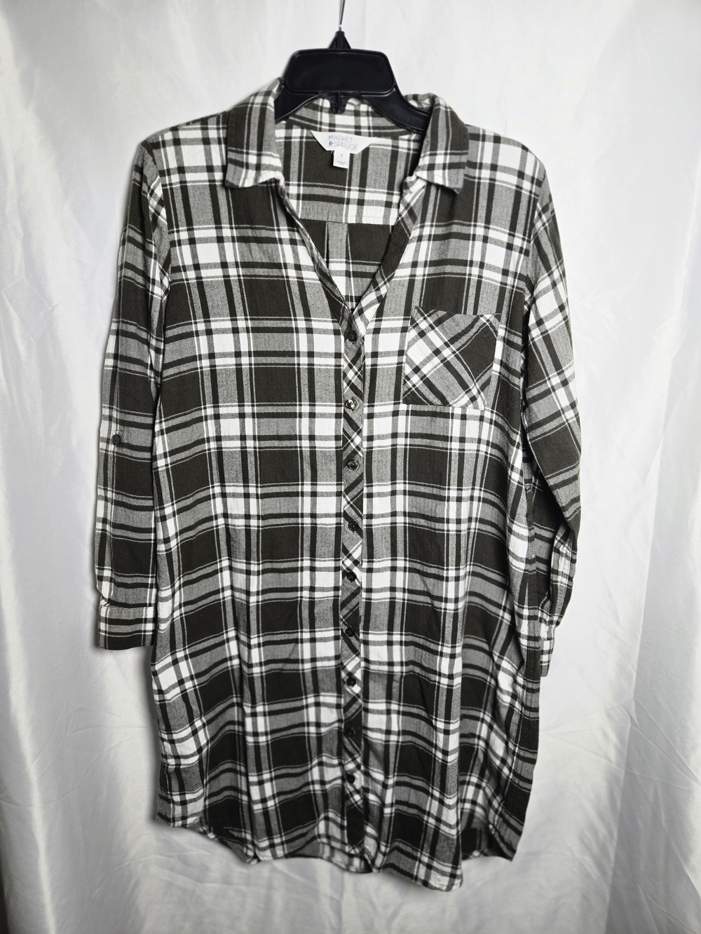 Market & Spruce Greenish Brown Plaid Shirt Dress